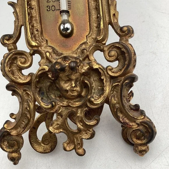 Antique Gilt Brass Cherub Desk Wall Thermometer Ornate Victorian - Picture 6 of 9